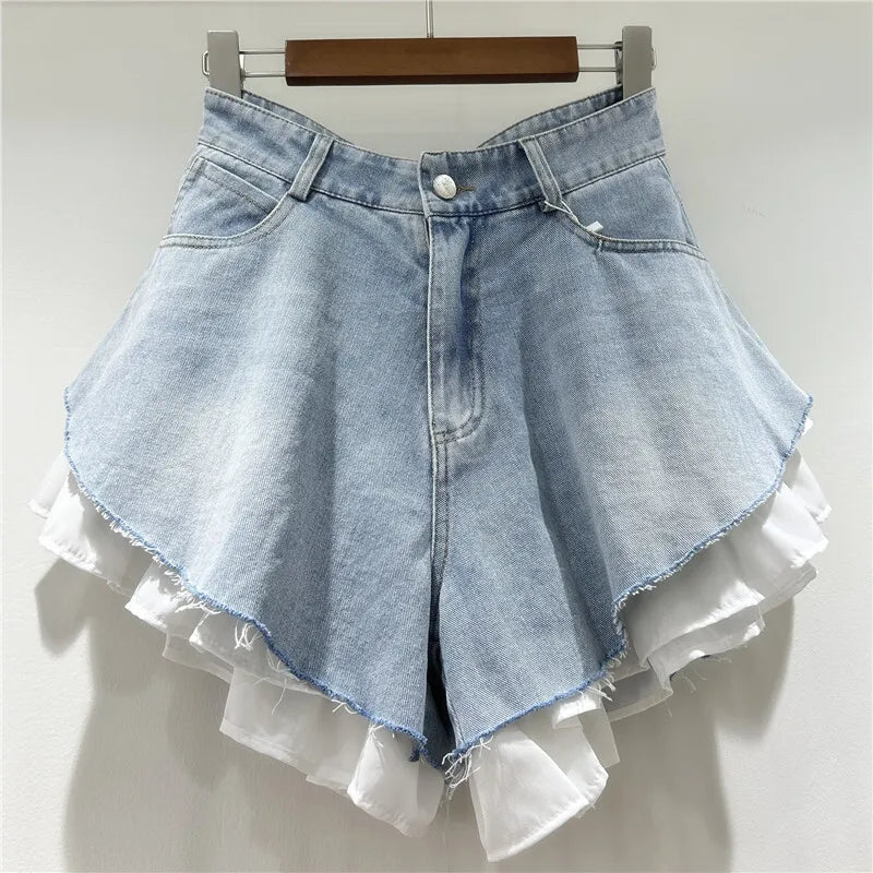 WTHT New Fashion Women's Patchwork Hem Wash Denim Shorts 2025 Summer Trendy High Waist A-line Short Pants Female 1LS1393