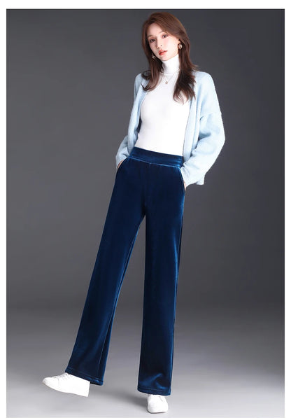 Korean style blue velvet wide leg pants for women in spring and autumn, high-end fashion, loose fit, plus size casual pants