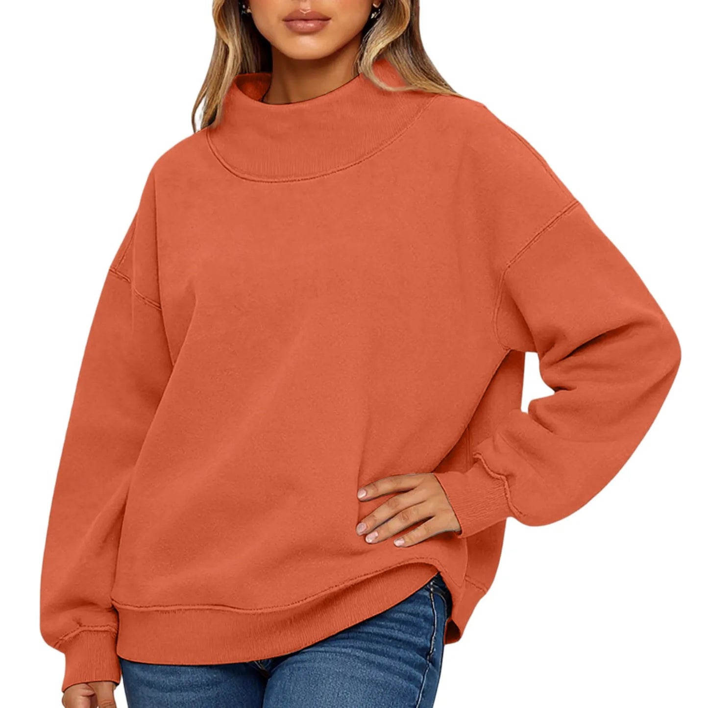 Fashionable Loose High Neck Long Sleeved Solid Color Hoodie for Lady Lazy Style Basic Casual Commuted Pullover Top