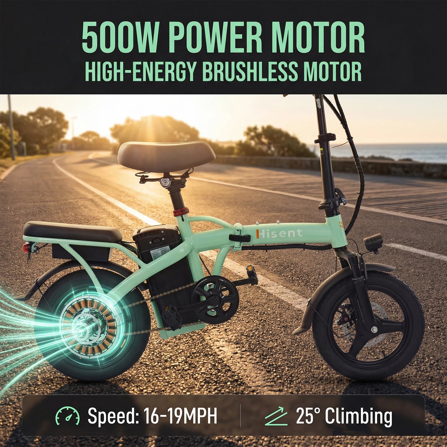 Hisent electric folding bike, 14 inches, 500W brushless motor, 48V 10AH/17.5AH battery available, different models.