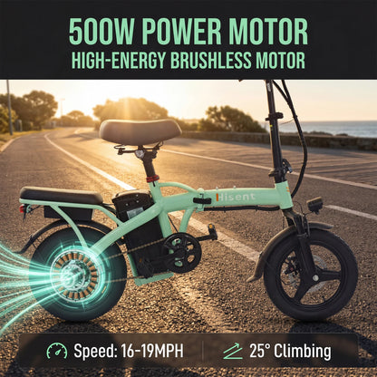 Hisent electric folding bike, 14 inches, 500W brushless motor, 48V 10AH/17.5AH battery available, different models.