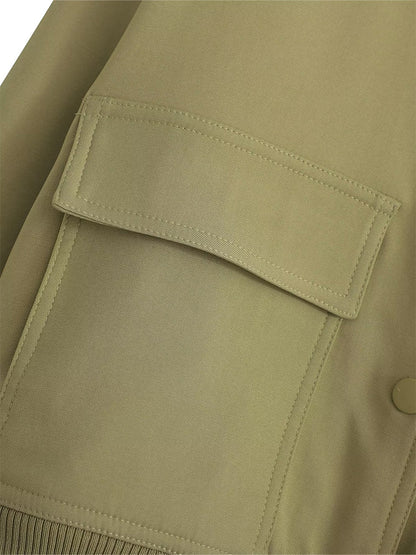 Women Bomber Jacket - Solid V Neck Single Breasted Polyester Coat With Pockets
