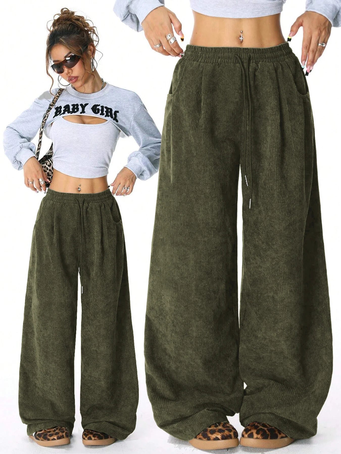 Women's Retro Corduroy Cargo Pants Casual Drawstring Straight Sports Pants Drape Daily Commuting Wide Leg Pants