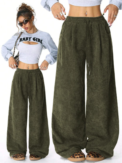 Women's Retro Corduroy Cargo Pants Casual Drawstring Straight Sports Pants Drape Daily Commuting Wide Leg Pants
