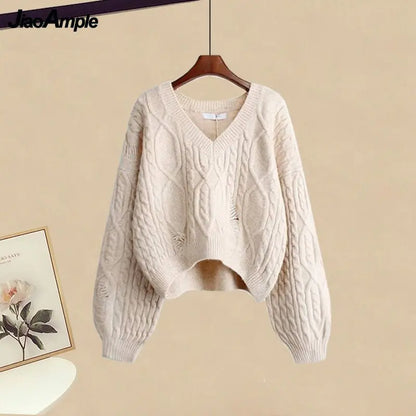 Women Autumn/Winter Suit 2025 New Fashion Hole Knitted Sweater White Shirt Casual Pants 3-Piece Set Korean Elegant Matching Set