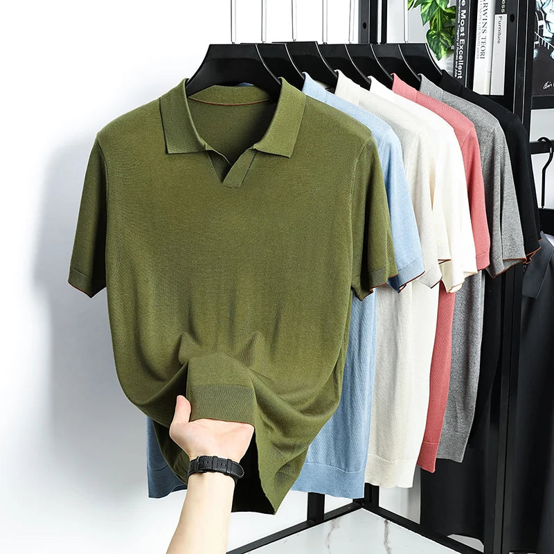 100%  Lyocell Knitwear 2025 Men Spring Summer Trendy Turn Down Collar Knit Tees Short Sleeve Breathable Knit Tops