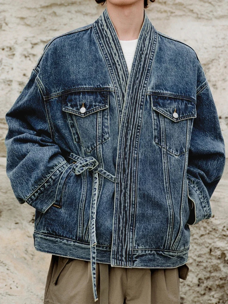 2025 Spring Stylish Denim Jackets for Mens Streetwear Fashion Irregular Wrap V Neck Jean Cardigan Men Vintage Lace-up Jean Coat