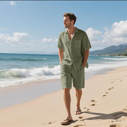 Summer Men's New Linen Loose-Fitting, Versatile, Comfortable, Breathable and Quick-Drying Beach Short-Sleeved Short Pants Set