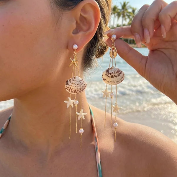 Boho Stone Hoop Earrings – Starfish & Shell Dangle (Y2K Beach)