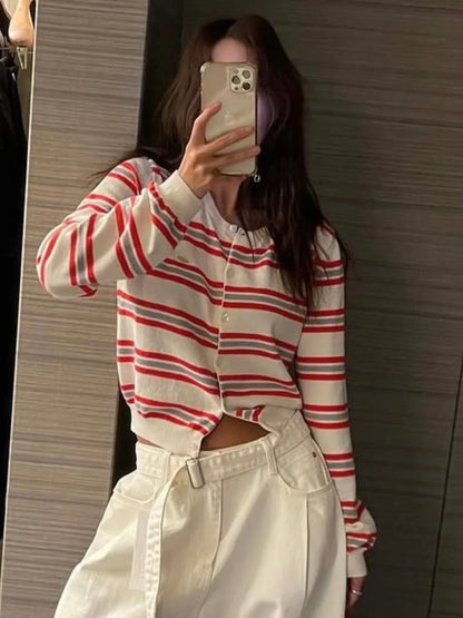 Spring New Classic Striped round Neck Button up Soft Knitted Open Cardigan Fashionable Design Sensation Women's Sweater