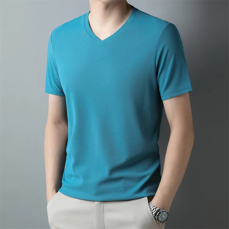 Men's V Neck T-Shirt – Lightweight Summer Shirt With Breathable Waffle Texture