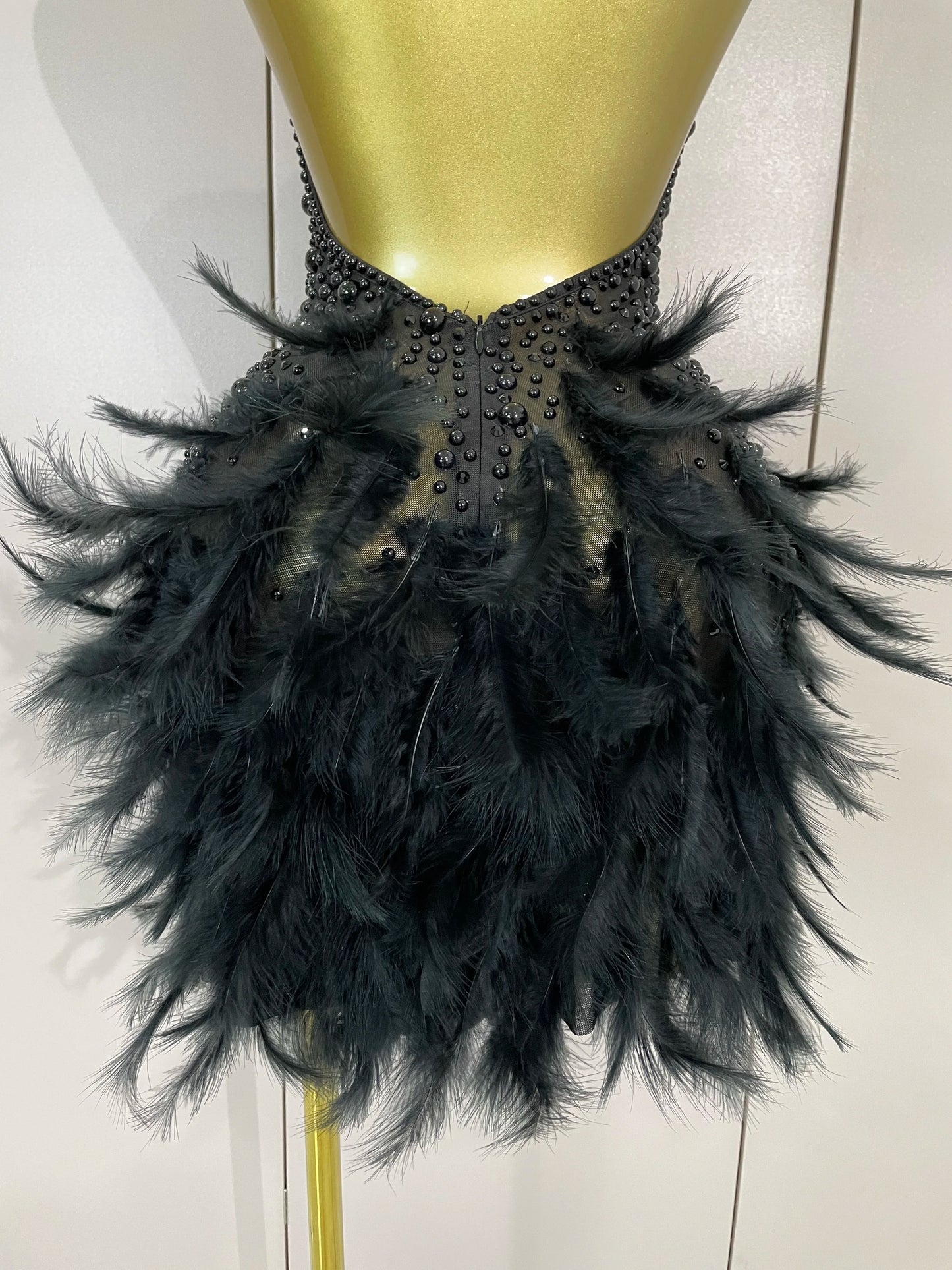 Backless Halter Dress - Women's Party Mini Sheath With Rhinestone & Feather Details