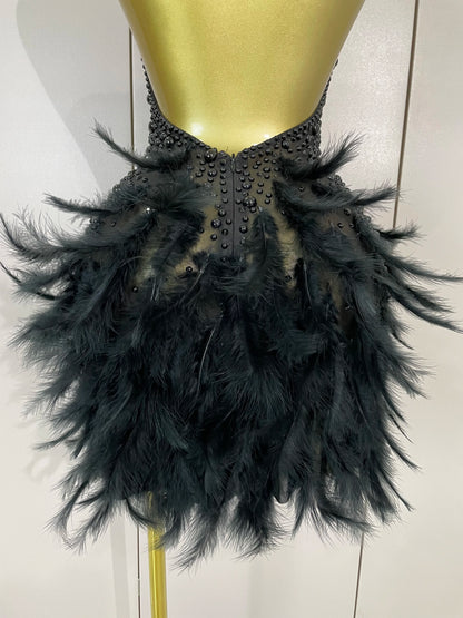 Backless Halter Dress - Women's Party Mini Sheath With Rhinestone & Feather Details