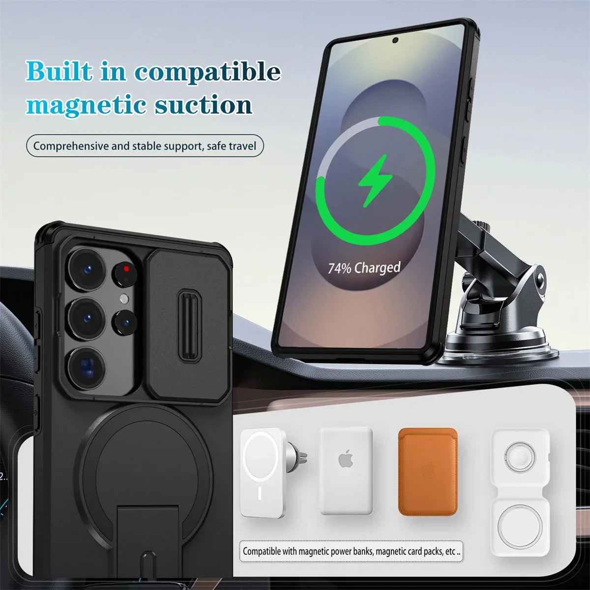 Lens Protect Camera Phone Case for Samsung S25 FE S26 S24 Ultra S23 Plus A37 A57 A17 A36 A56 A16 A55 Magnetic Kickstand Cover