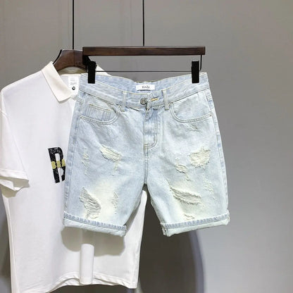 Denim Shorts Men - Casual Knee Length Cowboy Shorts With Button Fly & Slight Stretch