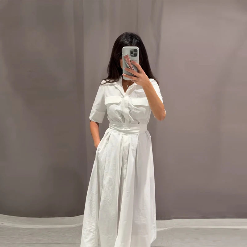 Women Summer Dress - Casual Striped Long Half Sleeve Slim Waist Mid-Calf Robe