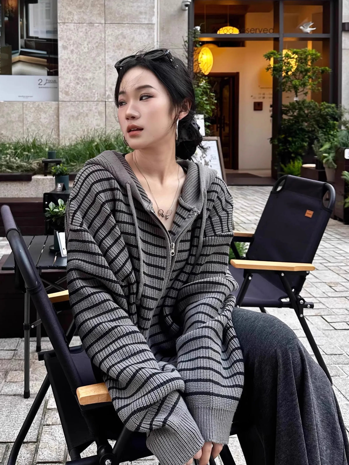Hong Kong Style Striped Hooded Knitted Sweater Coat Women's Open Cardigan Spring Autumn Winter New Drawstring Zipper Versatil...