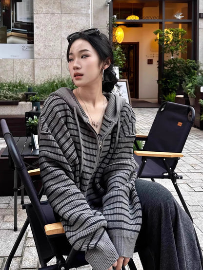 Hong Kong Style Striped Hooded Knitted Sweater Coat Women's Open Cardigan Spring Autumn Winter New Drawstring Zipper Versatil...