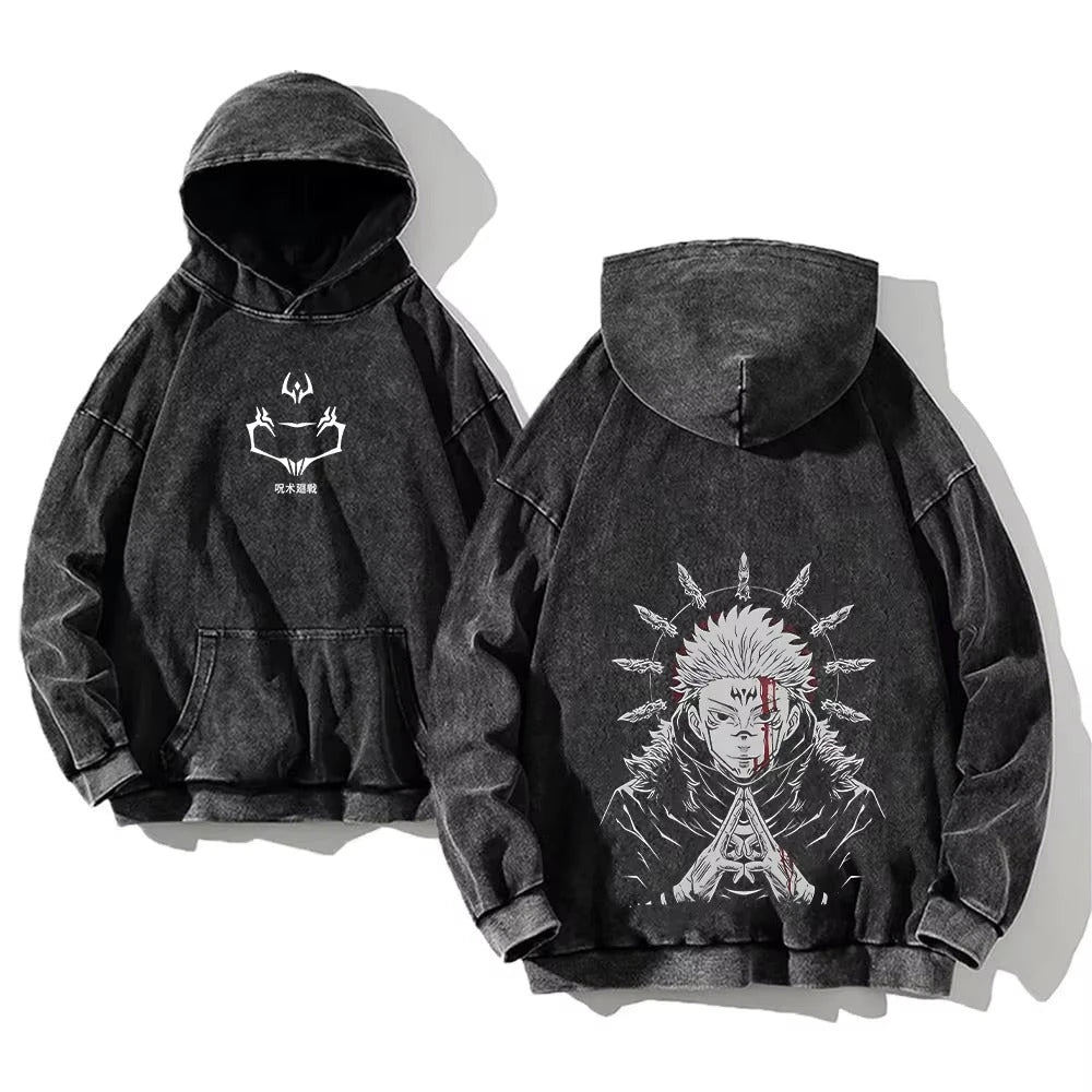 Japanese Anime Jujutsu Kaisen Print Hooded Pullover Men Hip Hop Sweatshirt Vintage Hoodie Harajuku Cotton Sweatshirts