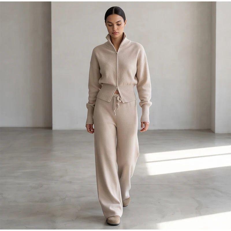 Solid Color Zipper Waist Cinching Casual Set Knitted Top Drawstring Straight Leg Pants 2-piece Sets 2026 Autumn Lady Daily Wear