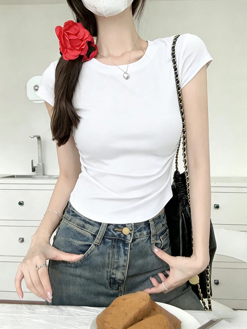 Women's Basic Solid Crop Top Short Sleeve Crewneck Skinny T-shirt Summer Casual Y2K Vintage Harajuku Streetwear