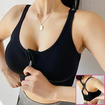 Front Zipper Sports Bra - Women's Athletic Crop Top, Push Up Wireless Fitness Tank