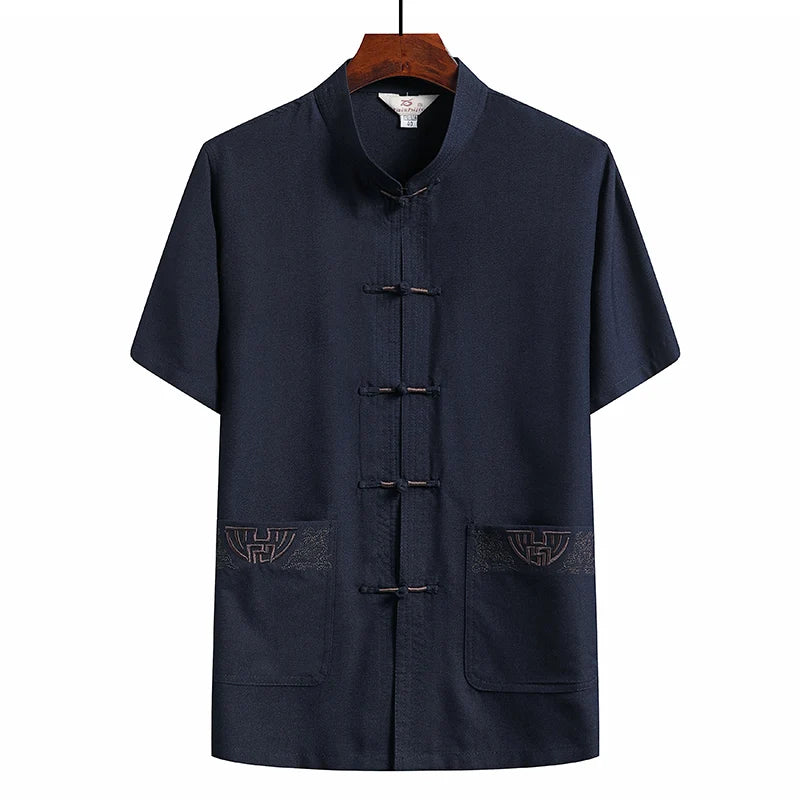 Cotton and Linen (Top + Pants) Elderly Men Gold Silk Pan Buckle Pocket Embroidered Tang Dress Han Dress Lay Tai Chi Suit Set