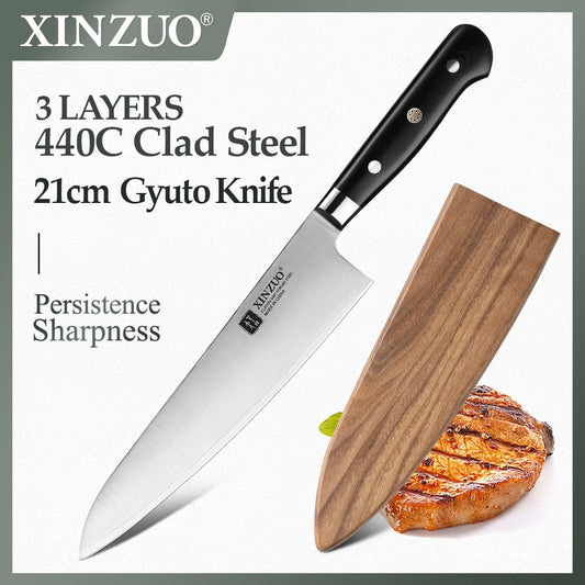 XINZUO 210mm Chef Knife - 3 Layer 440C Core Clad Steel Gyutou with G10 Handle