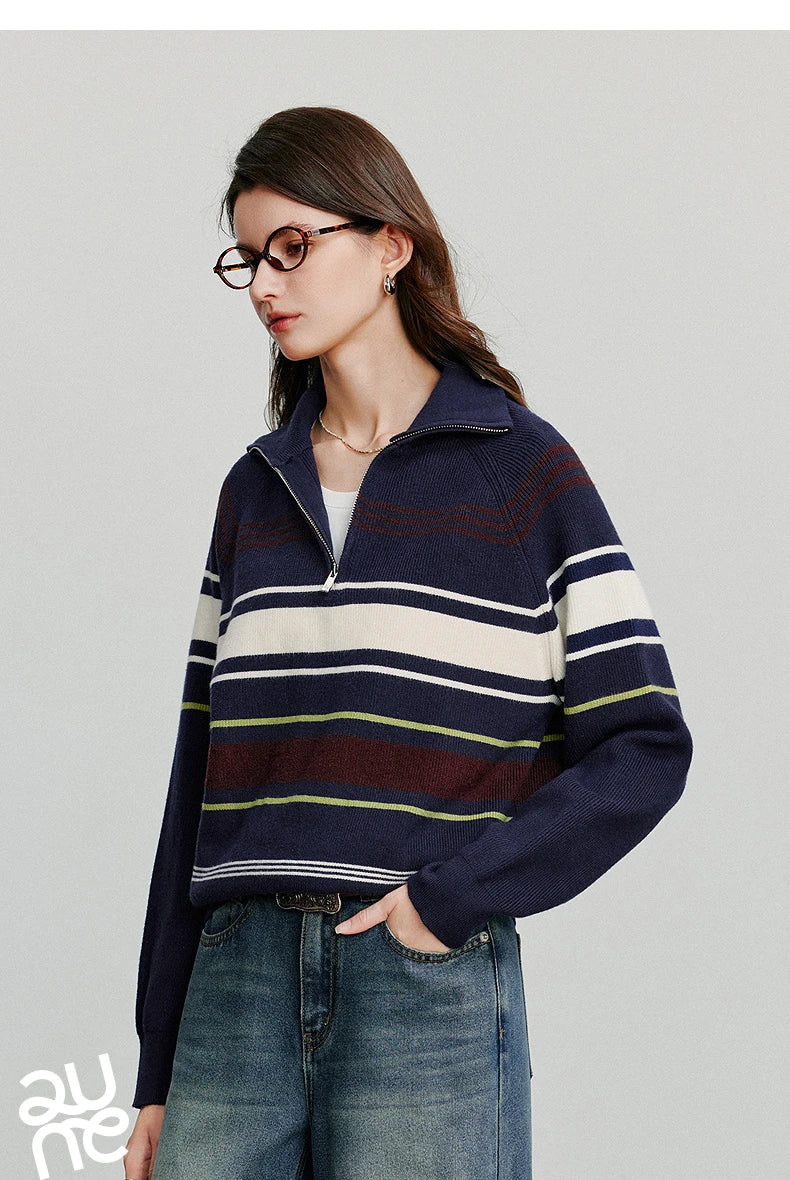 TOYOUTH Women Knitted Sweater 2026 Autumn New Fashionable Style Striped Zipper High Collar Woolen Pullover Sweater Tops