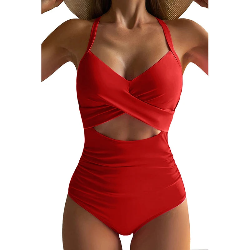 One Piece Women Set Swimsuit Print  Backless Puch Up Solid Sexy Women's Swimwear Bandage Ruched Female Bathing Suit Beachwear
