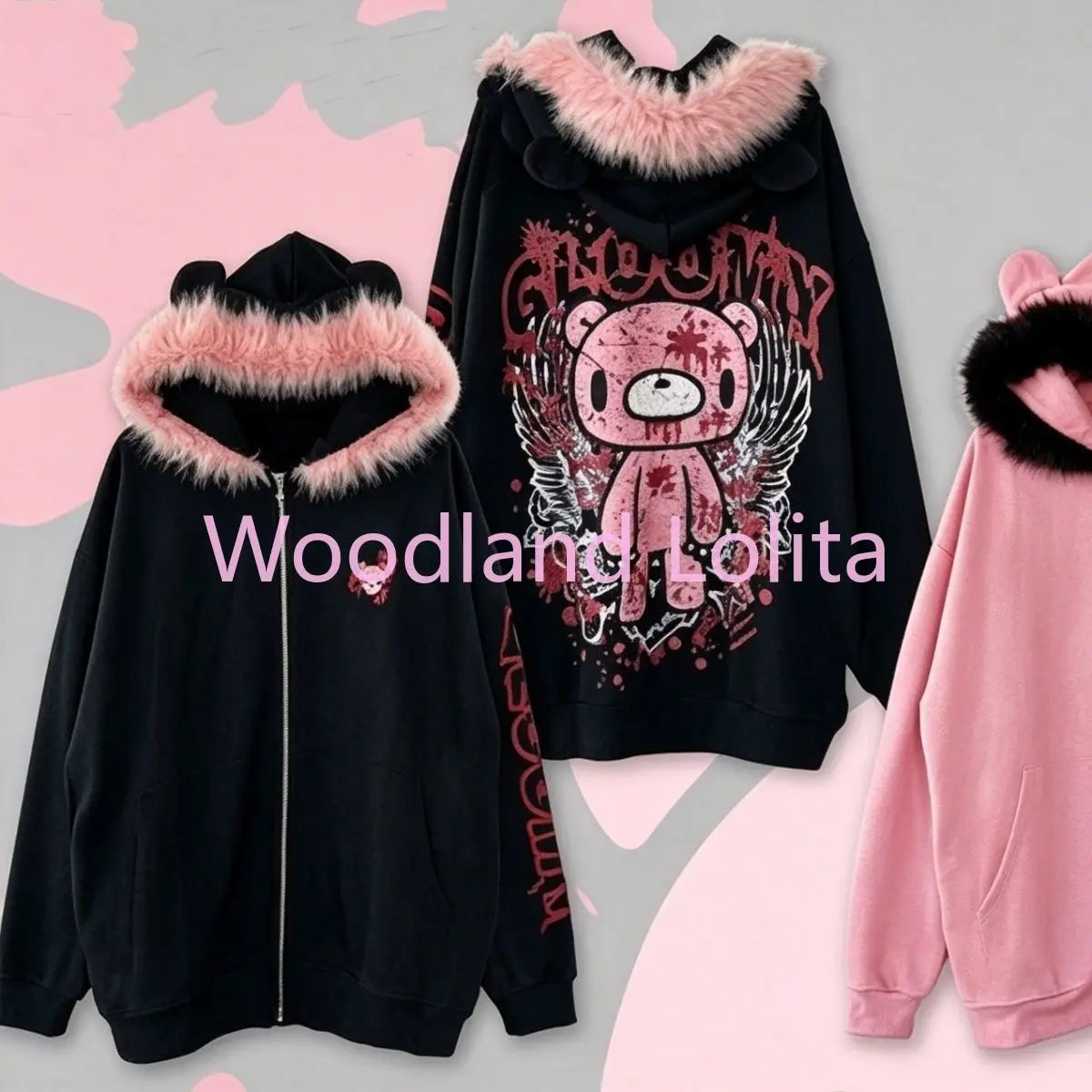 Autumn Winter Japanese Dark Gothic Hooded Coat Women Fur Collar Cartoon Bear Loose Hoodie Sweatshirts Y2K Coat Jacket Jirai Kei