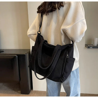 Corduroy Shoulder Bag - Large Capacity Crossbody Zipper Closure Purse