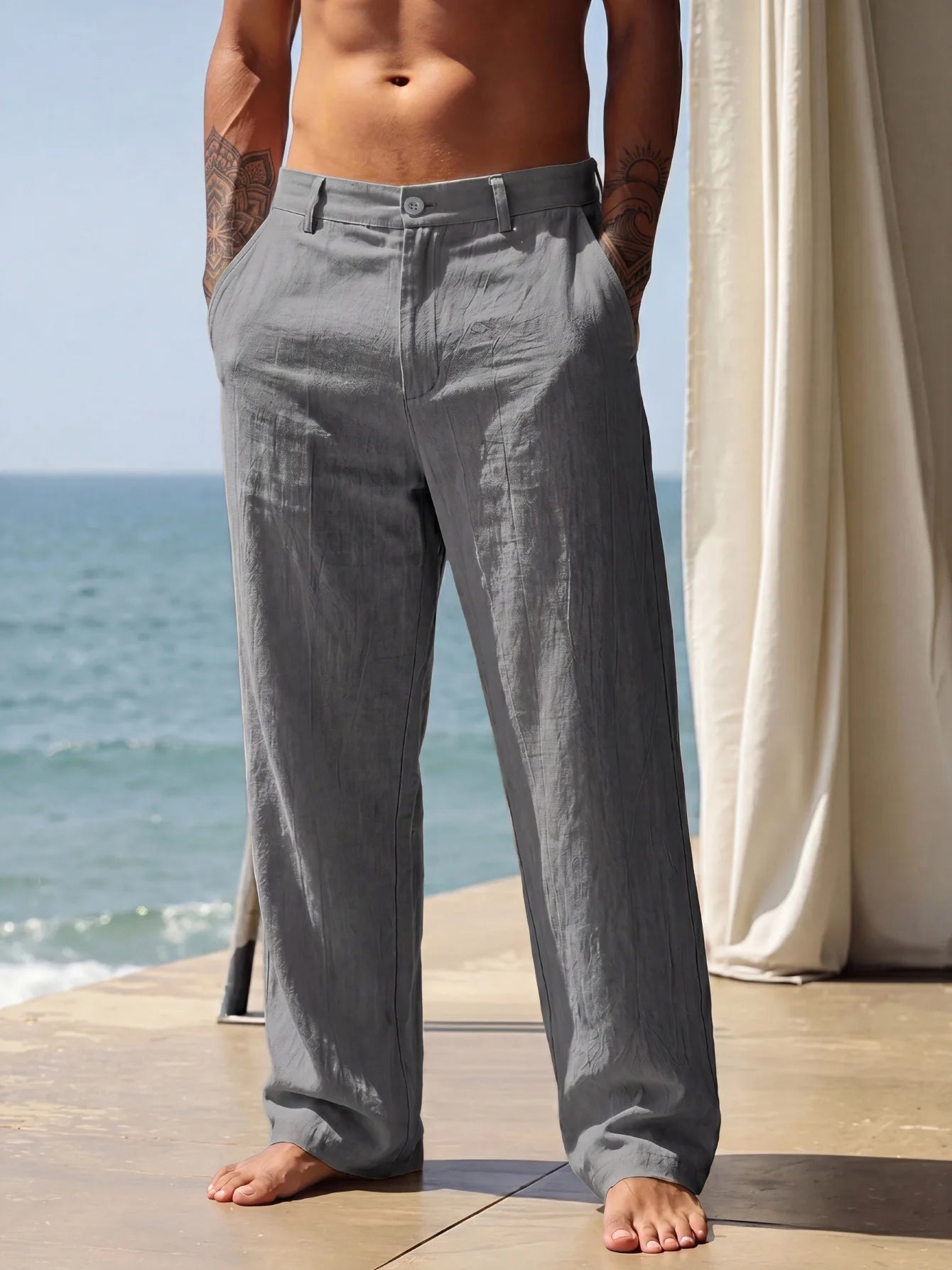 New Men Cotton Linen Pants Summer and Autumn Solid High Waist Wide-Leg Trousers Male Loose Hemp Casual Breathable Sports Pants