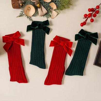Kids Christmas Girls Socks Autumn Winter Toddlers Red Bowknot Baby Knee High Long Sock Soft Cotton Children Socken For 0-5 Years