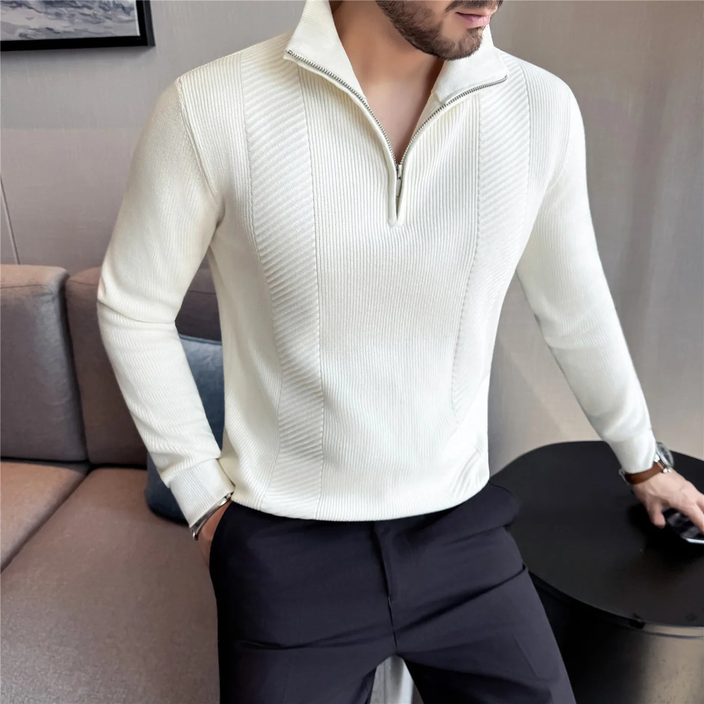 Men's Semi-Zip Knit Sweater - White (Gray/Black)  Winter Weight Fabric Fashionable Semi-High Neck Daily Wear