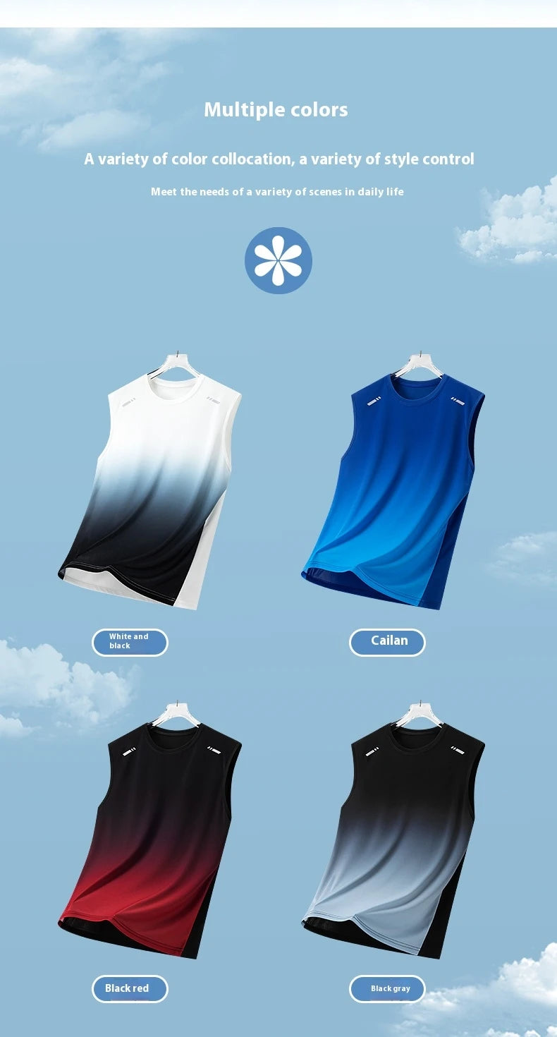 Men's Gradient Sports Vest Lightweight Sleeveless round Neck T-Shirt Summer Running Trendy Loose Fit Youth Cross-Border