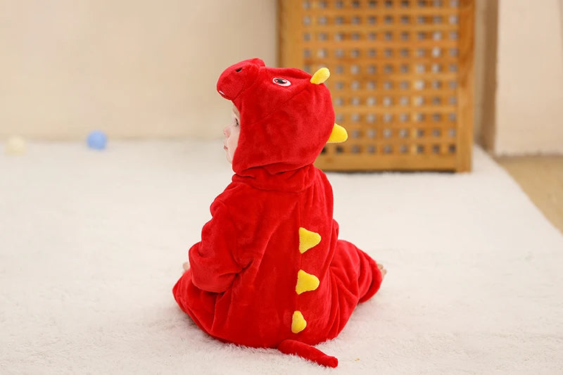 Baby Winter Rompers - Soft Polyester Hooded Jumpsuit With Animal Pattern, Machine Washable