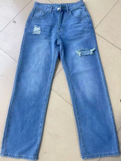 Washed Ripped Jeans, Women Four Seasons New Fashion Personality To Do Old Denim High Waist Straight Comfortable Wide Leg Pants
