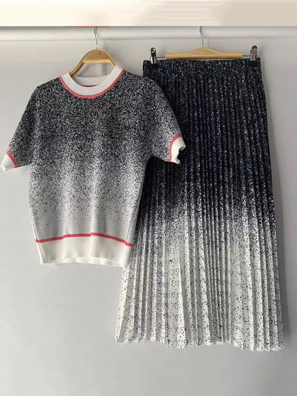 Designer retro geometric print T-neck knitted pullover two-piece 2026 summer women's dress+loose pleated skirt fashion suit