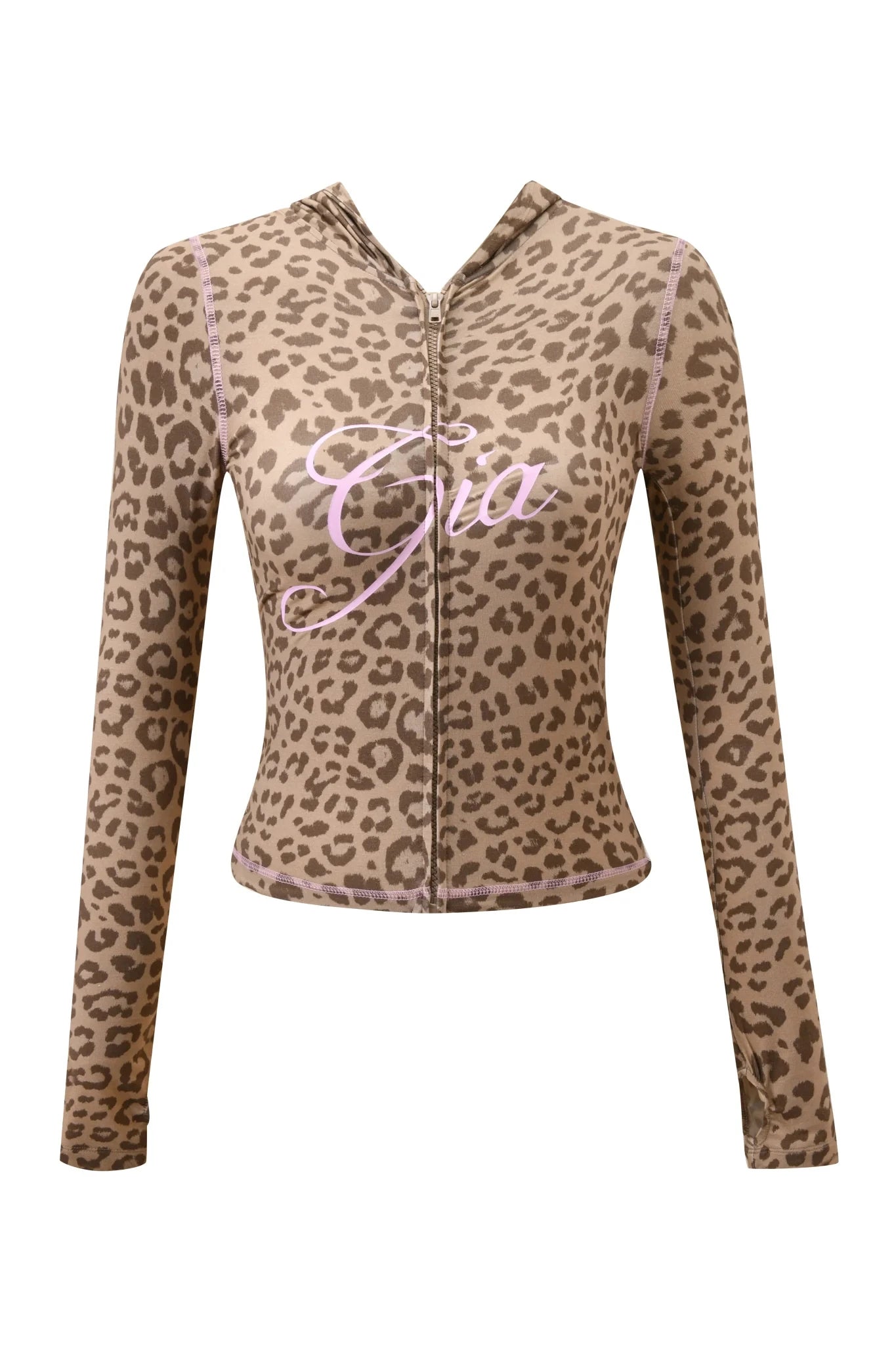 Gia neon pink regular shoulder slim-fit letter print topstitching design slim-fit hooded zip-up short jacket and pants set