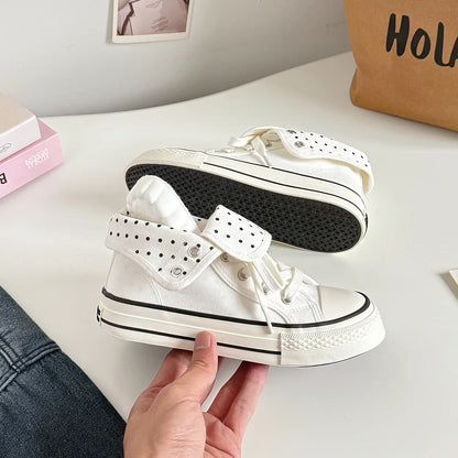 Women's High Top Platform Canvas Sneakers Polka Dot Foldable Collar Lace Up Breathable Korean Style Casual Shoes Fall 2026