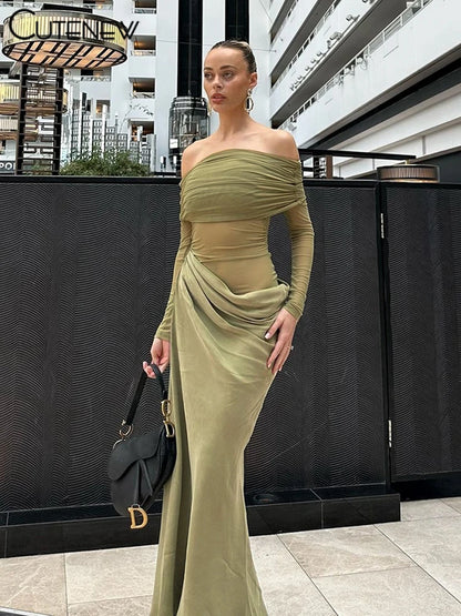 Mesh Ruched Maxi Dress - Sexy Sheath Off Shoulder Ankle Length Party Dress