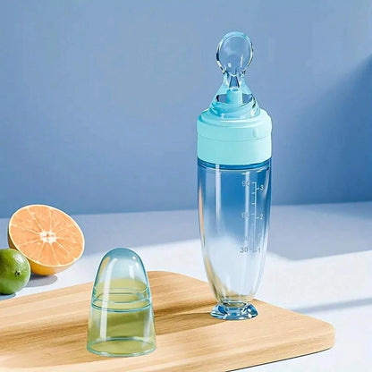 New 90ml/3OZ Colorful Silicone Baby Bottle Feeder with Soft Spoon, Suction Cup and Dust Cap, Portable Squeeze Feeding Bottle