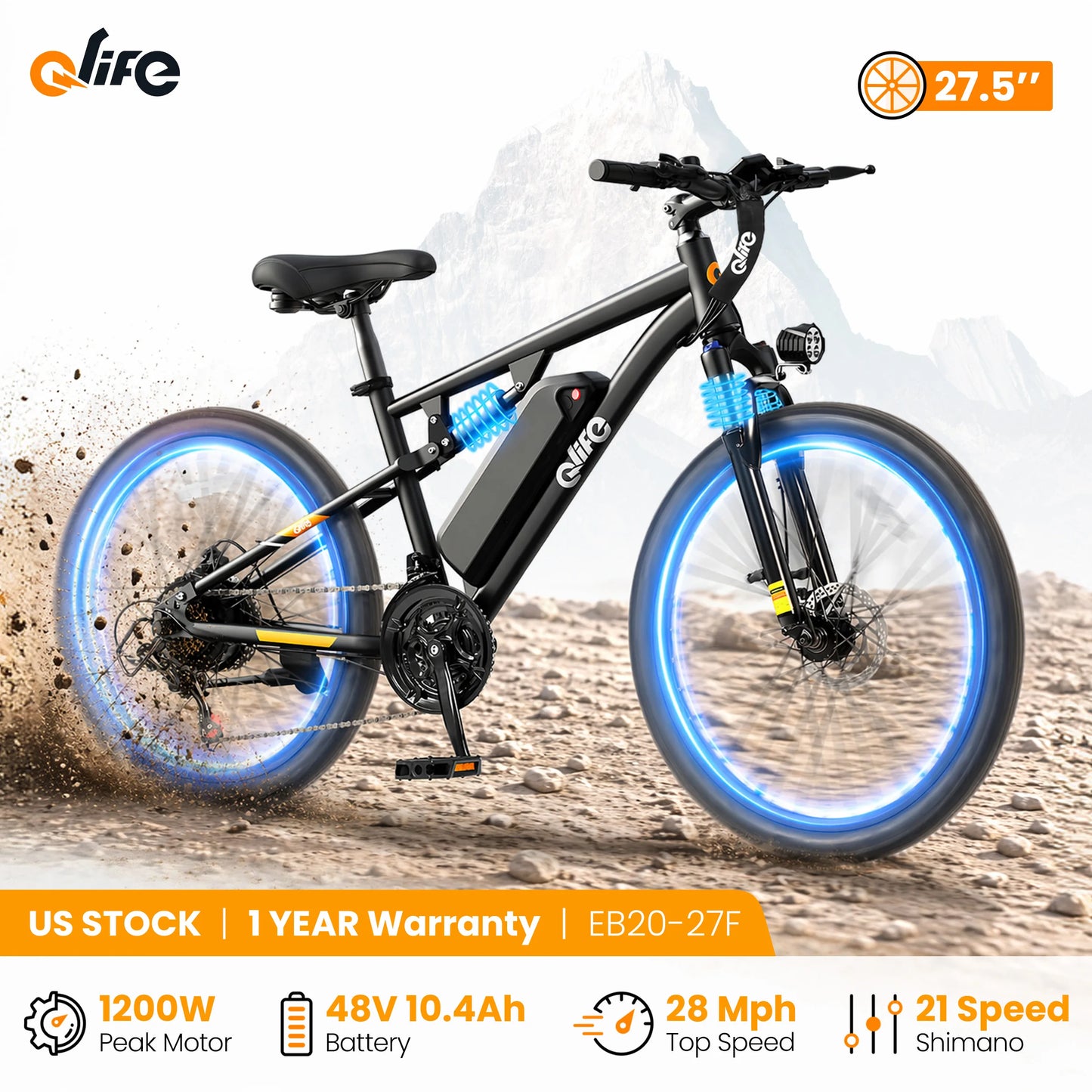 Qlife Racer Ultra Electric Bike for Adults, Peak 1200W 48V 10.4Ah,  27.5" Tire Electric Mountain Bike, 28MPH 55 Miles Off-road Electric Bicycle, 21-Speed E-Bicycle with Full Suspension