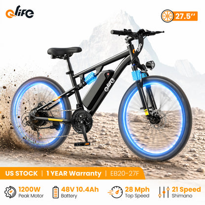 Qlife Racer Ultra Electric Bike for Adults, Peak 1200W 48V 10.4Ah,  27.5" Tire Electric Mountain Bike, 28MPH 55 Miles Off-road Electric Bicycle, 21-Speed E-Bicycle with Full Suspension
