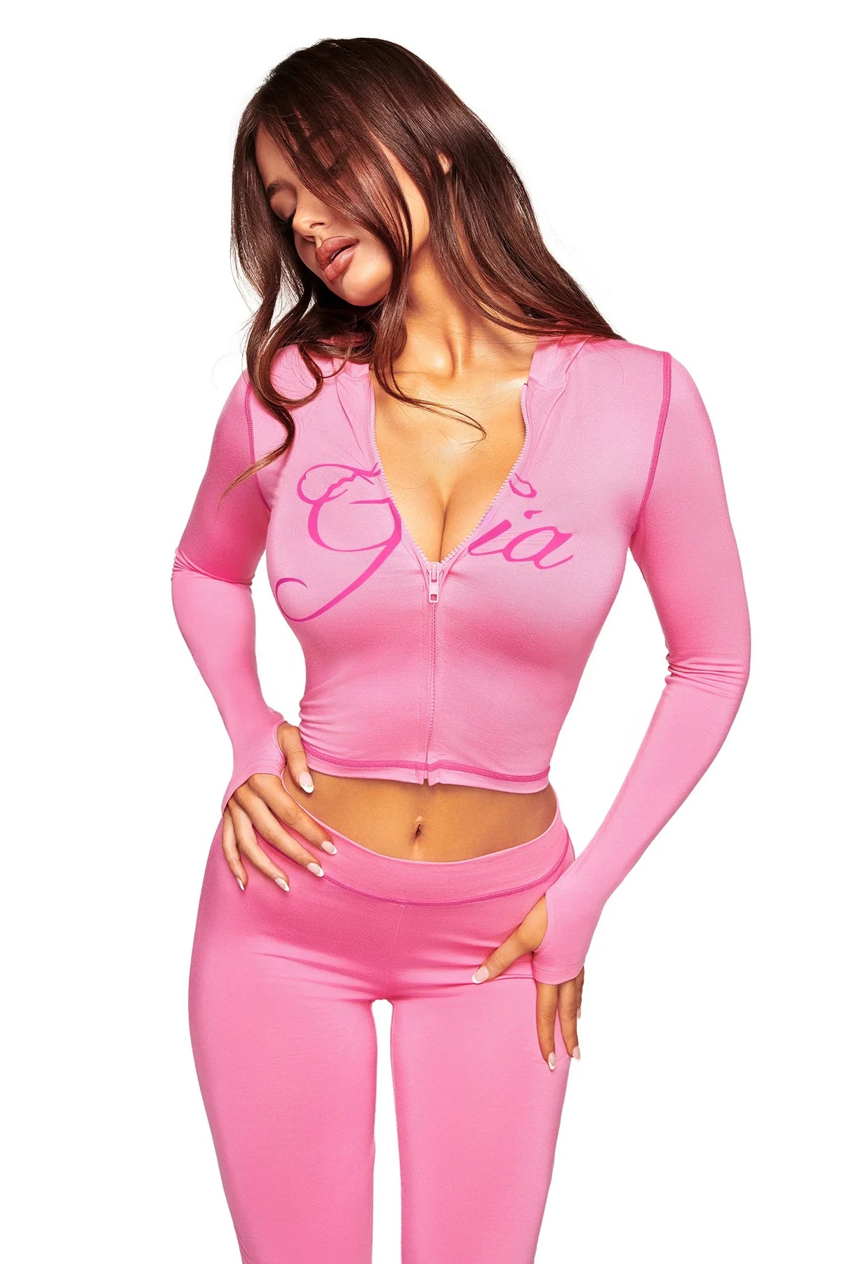 Gia neon pink regular shoulder slim-fit letter print topstitching design slim-fit hooded zip-up short jacket and pants set