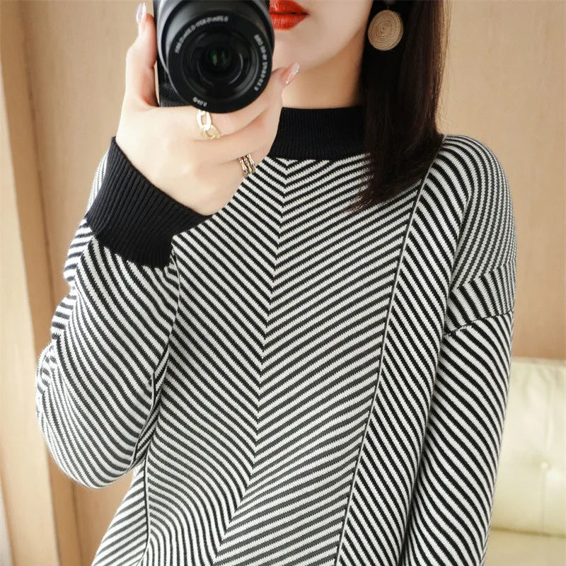 Women's autumn and winter 100% pure cotton knitted semi high neck pullover casual striped warm sweater fashionable hot selling