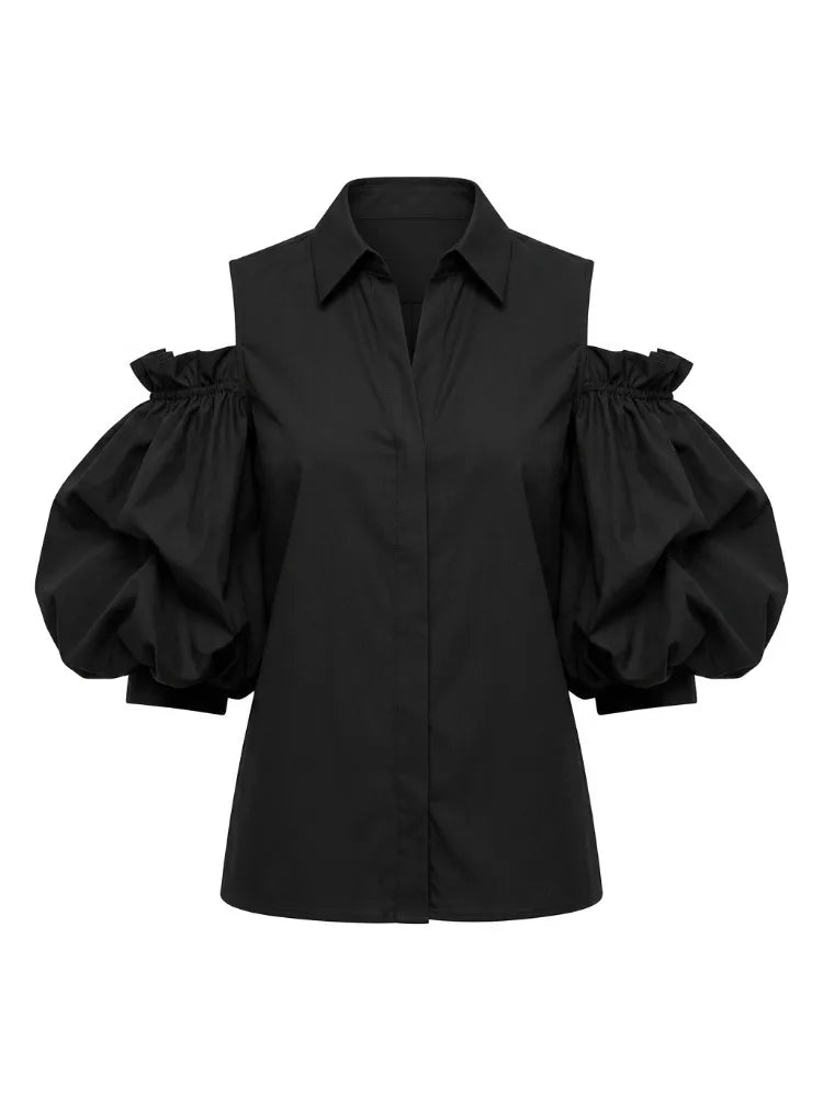Modigirl New Fashion Women Tuxedo Blouse Shirts 2025 Summer Soild Color Cold Shoulder Office Party Leisure Black Tops for Women