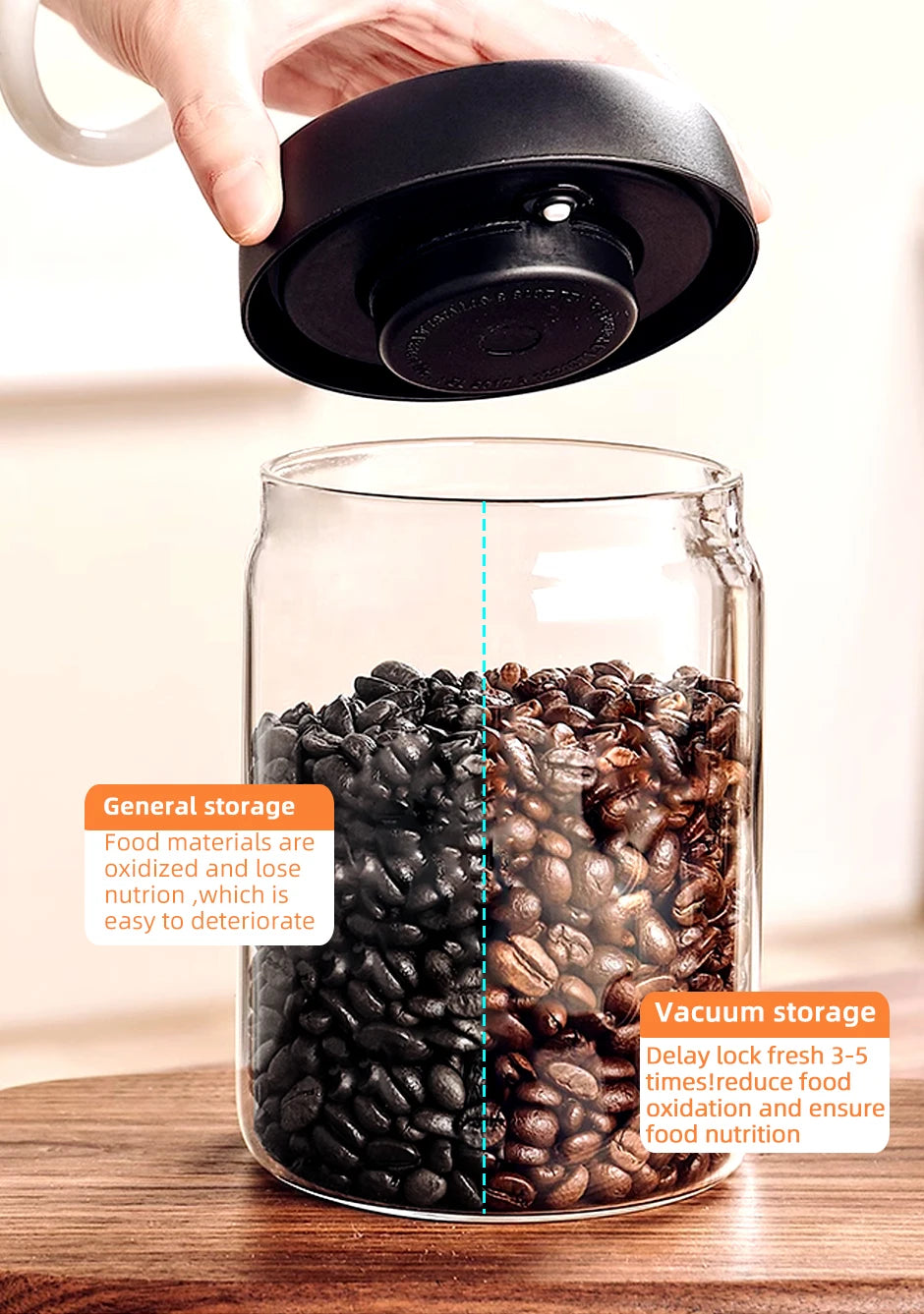 Vacuum-Sealed Glass Storage Jar – Coffee Bean, Grain & Tea Canister