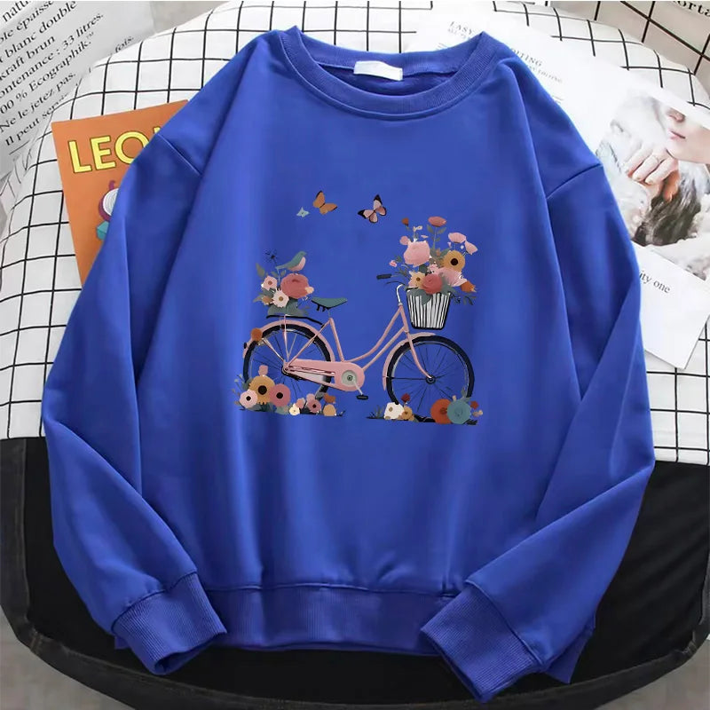 Womens Hoodies Retro Floral Butterfly with Bicycle Print Warm Fleece Sweatshirt Soft O-Neck Pullover Casual Female Clothes